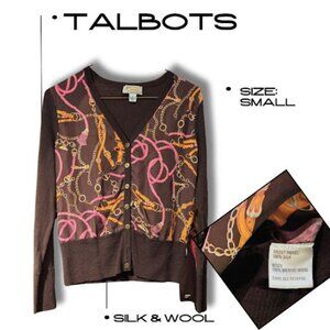 Talbots Silk & Wool Cardigan - Equestrian Print Size Small - Luxury